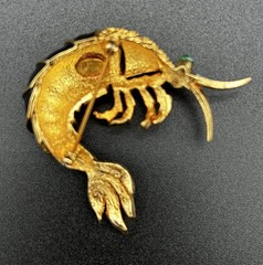 Vintage Signed KENNETH LANE Shrimp Brooch 2.5″ Emerald Eye Couture Statement Pin