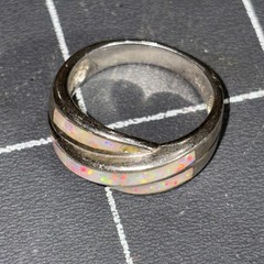 Vintage 925 Sterling Silver Fire Opal Inlay Triple Row Band Ring Size 7