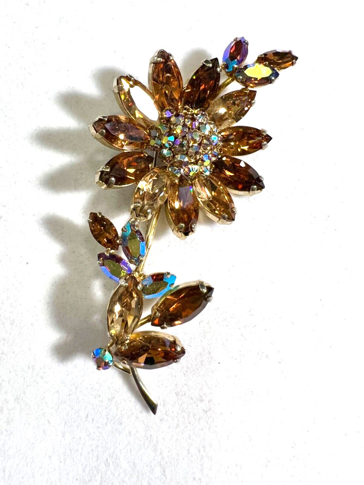Vintage Sherman signed cinnamon/AB Blue Irradiated Figural Flower Brooch. MINT!