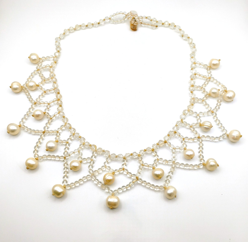 Vintage Cultured Pearl Bib Necklace Clear Glass Beads 21in