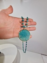 Vintage Polished Blue Stone Pendant Beaded Necklace 26″ in, Carved Sun, *111t