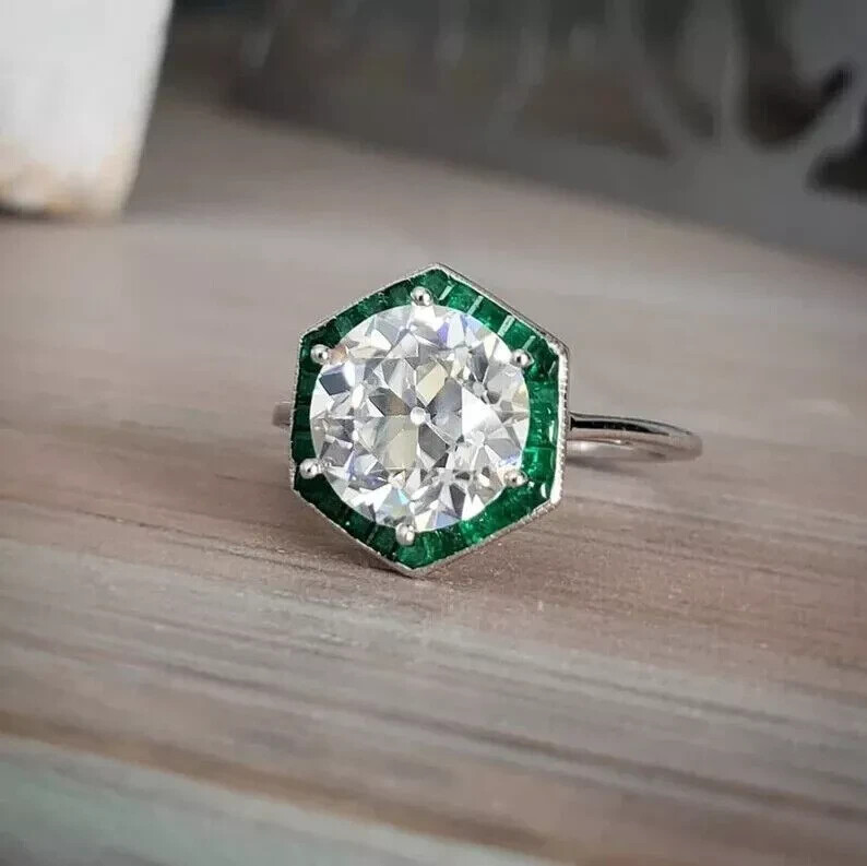 Art Deco Style 3.00Ct Lab-Created Diamond & Emerald Engagement Ring 925 Silver