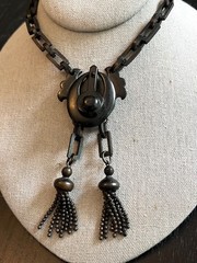 Rare Antique Victorian Gutta Percha Vulcanite Mourning Necklace Pendant Tassels