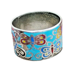 Vtg Butterfly Cloisonne Sterling Silver Wide Band Ring Size 7 Thailand – READ