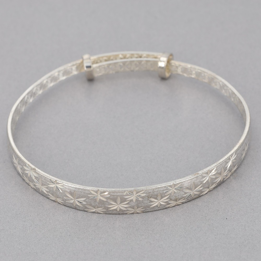 Sterling Silver Diamond-Cut Star Sliding Bangle Bracelet Chinese Fu Good Fortune