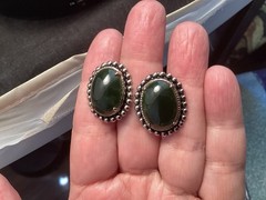 Vintage Sterling Silver Green Onyx Pebbled Screw Back Signed JJJ Earrings