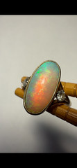 Australian Opal Ring (A), 2 Small Diamonds Each Side. 10K Gold, Antique, Sz.6.25