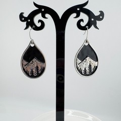 Vintage Mountain Scene Teardrop Earrings Silver Black Nature Outdoorsy Boho