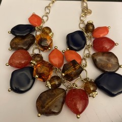 Beautiful Necklace Gold Tone Coral Orange Amber Chunky Beads Signed EL