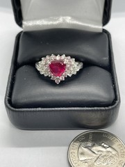 Vintage Heart Shaped Pinkish Red & Clear Cubic Zirconia Sterling Ring Size 9 1/4