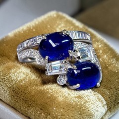 Vintage 1950’s Birks Platinum Cabochon Sapphire French Diamond Cocktail Ring