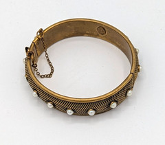 Vintage Hobe Pearl Bangle Hinged Bracelet Cuff Textured Gold Tone Safety chain