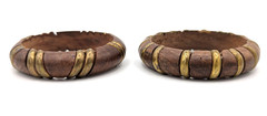 Chunky Wood Bangle Bracelets Brass Inlay Brown Boho Chic Set of 2 Vintage
