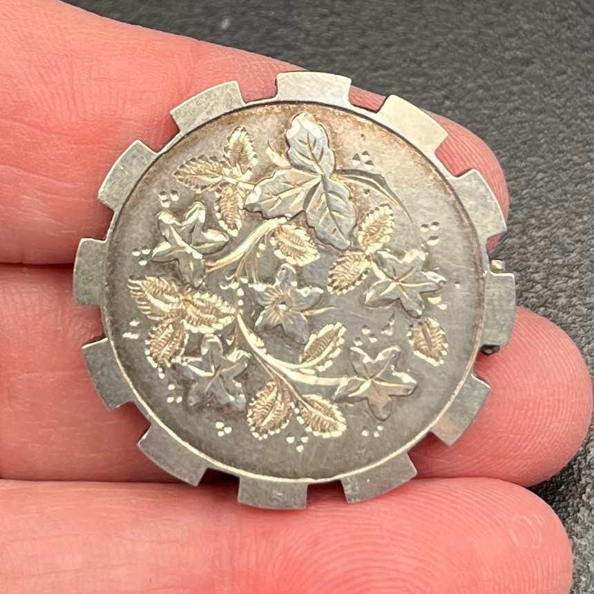 Sterling Aesthetic Brooch Hand-Engraved Ivy Leaves Birmingham 1885 WCM Signed