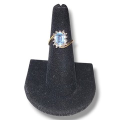 Vintage 18K HGE Light Blue CZ Halo Cocktail Ring Gold Tone Statement Size 8