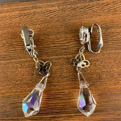 Vintage Earrings AB Crystal Dangle Silver Tone Filigree Briolette Teardrop Clip