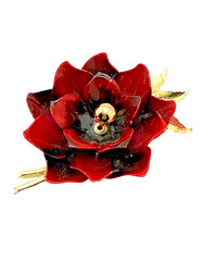 Vintage CORO Red Black Enamel Flower Pin Brooch Floral Statement Signed 3 1/8″
