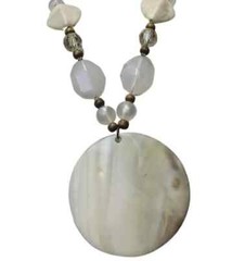 White Shell Necklace Large Pendant Statement 19″ Icy Glass Beaded Bohemian