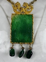 Kenneth Jay Lane KJL Faux Chinese Imperial Jade Pierced Filigree Plaque Necklace