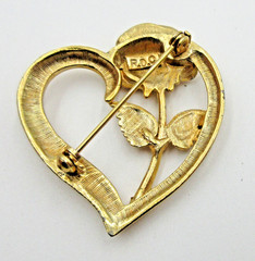 VTG SIGNED RDC 1.75″ mtl Brooch Pin open work HEART BRUSHED gold tone ROSE leaf