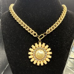 Custom Vintage Chunky Golden Rhinestone Sunflower Pendant Necklace, Easy Switch