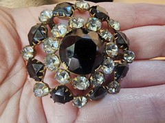 Vintage Black Jet & Clear Rhinestone Brooch Faceted Crystal Statement Pin…