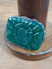 Antique Art Deco Carved Chrysoprase Marcasite Stamped 935 Sterling Brooch Pin