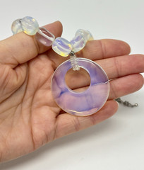 Opalescent Opalite Glass Bead Necklace Large Circle Pendant