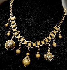 Antique Deco Book Link Chain Brass Choker Dangle Brass Beads Gold Fill Fobs 15”