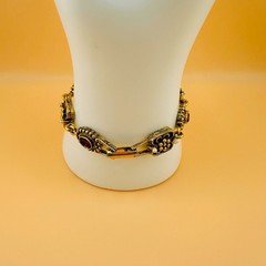 Vintage Victorian Revival Bracelet Red Rhinestone Gold Tone Faux Seed Pearl 6.2″