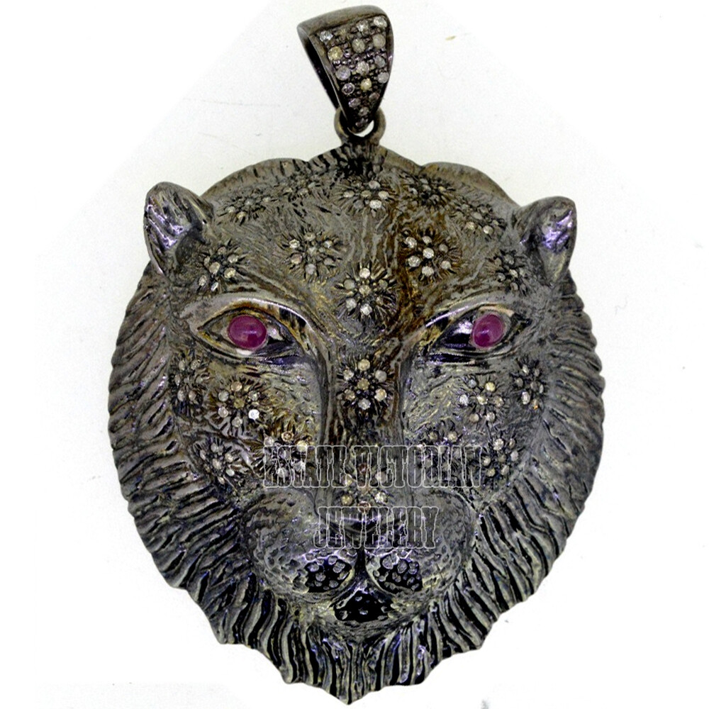 2.25ct Rose Cut Diamond Ruby Silver Victorian Stunning Lion Head Pendant Jewelry