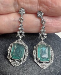 Beautiful Art Deco Inspired Silver Tone Faux Aqua Stones Drop Dangle Earrings