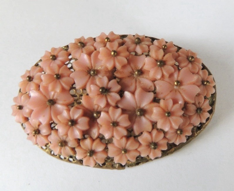 VTG Rare Miriam Haskell Unsigned Wired Gold Tone Celluloid Flowers Brooch Estate