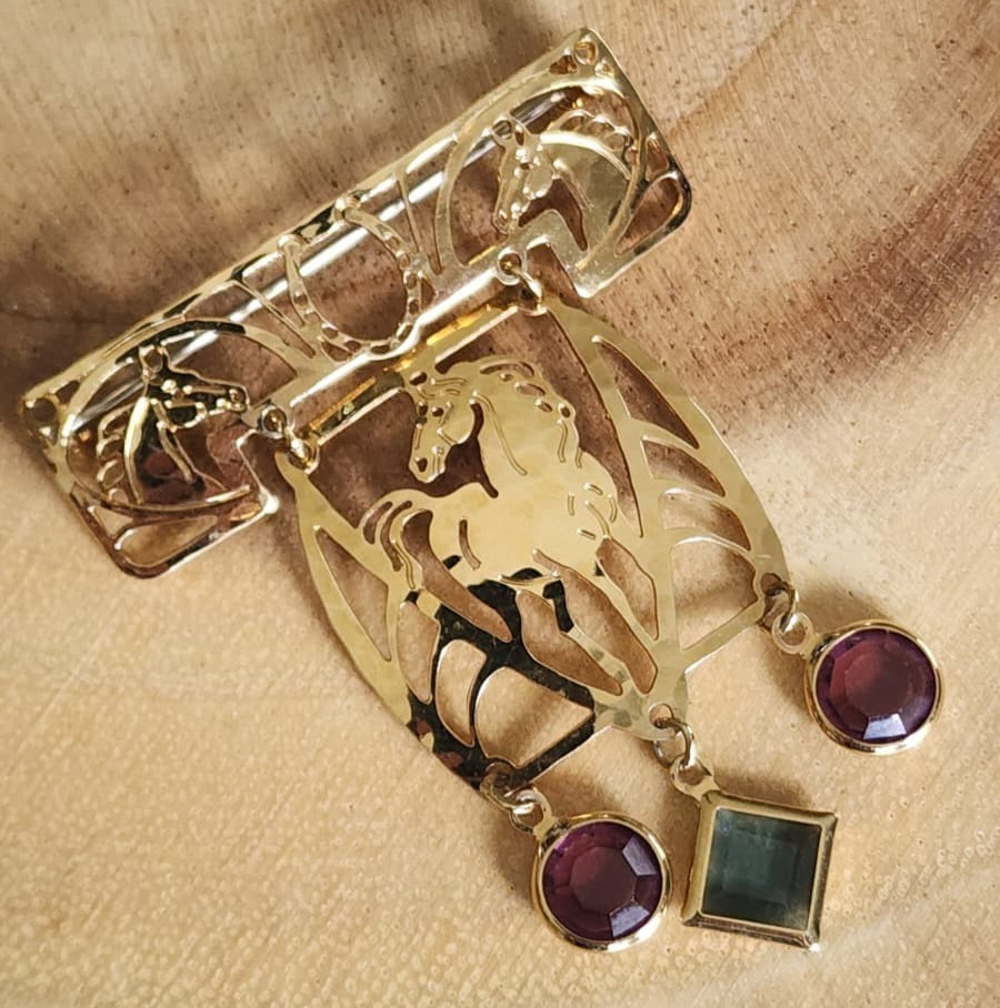 Wild Bryde Signed Horse Brooch Articulated Dangle Purple Blue Rhinestones Gold