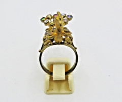 Multi color stones Peacock Gold Ring Vintage Brass Free Size Amulet charm Rare