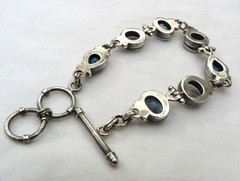 LARGE OVAL FACETED BLUE TOPAZ MELON CARVED QUARTZ STERLING SILVER BRACELET