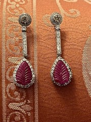 Large 14K Solid Gold Authentic Natural Ruby Diamond Leaf Earrings AGI Certified!