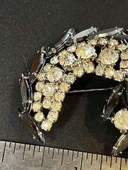 Vintage Julianna Style Demi Parure Crescent Brooch Clip Earrings Clear Jet Stone