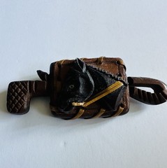 Vintage Hand Carved Brown Wood Horse Head Equestrian Pin Leather 30s Deco Brooch