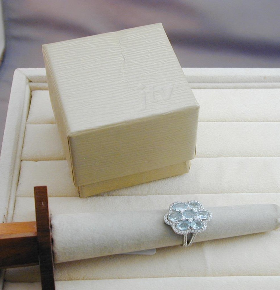JTV Sterling 7 Oval Aquamarine White Zircon Cocktail Ring 6 New In Box