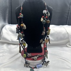 Vtg Indian Glass Beads Stone Nuggets and Seven Puffed Animals Cord Necklace.Read