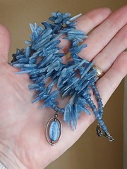 Vtg Natural Raw Blue Kyanite Stick Beaded Sterling Silver Necklace Pendant 19″