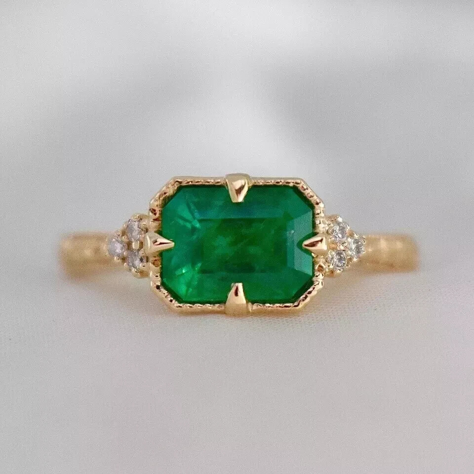 Art Deco Vintage Style Emerald & Lab Created Diamond 14K Gold FN Engagement Ring