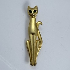 Vintage AJC Green Eyed Cat Brooch Matte Gold Tone Pin