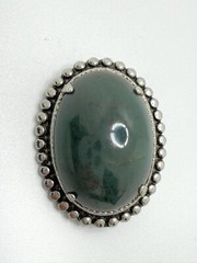 Vintage JJJ Co Sterling Silver Cabochon Green Quartz Scalloped Border Pin Brooch