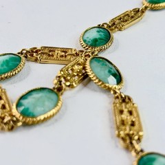 Vintage Accessocraft NYC Gold Tone Green Slag Glass Link Necklace 30” Pat Pend