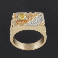 Solid 14K Gold, .65Ct Fancy Yellow Irradiated Diamond & White Diamond Man’s Ring
