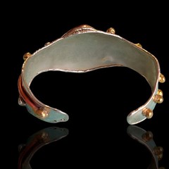 7.5in Copper Brass Modernist Brutalist Dichroic Art Glass Cuff Bracelet Retro