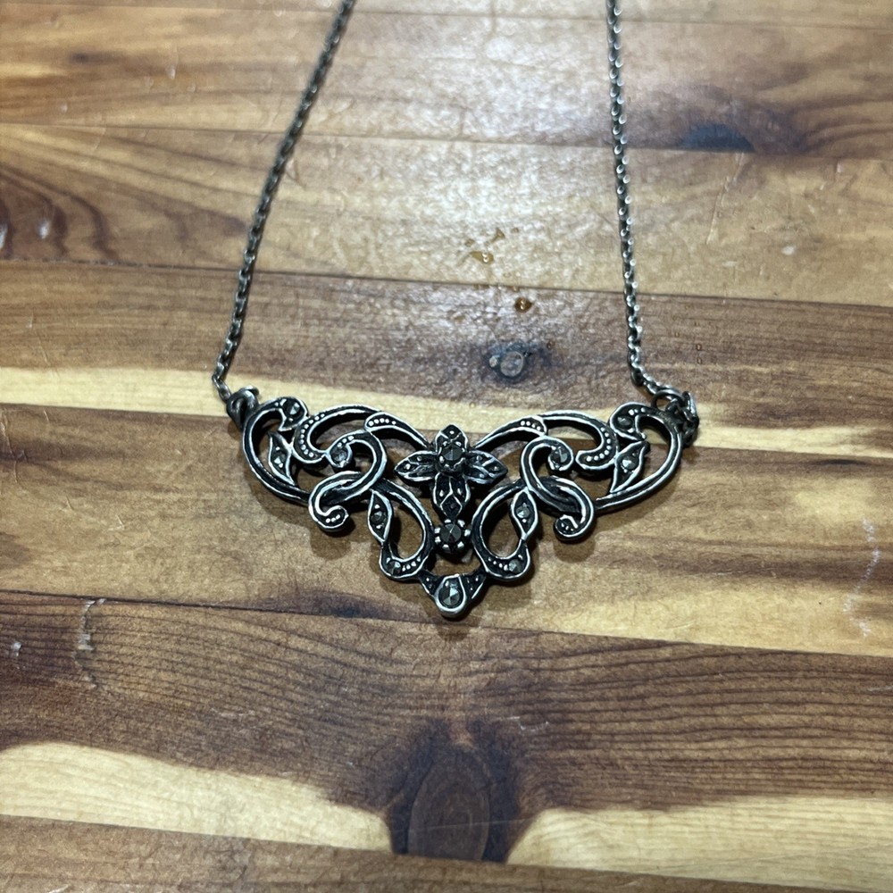 Vintage Sterling Silver 15In Necklace Art Nouveau Style Floral