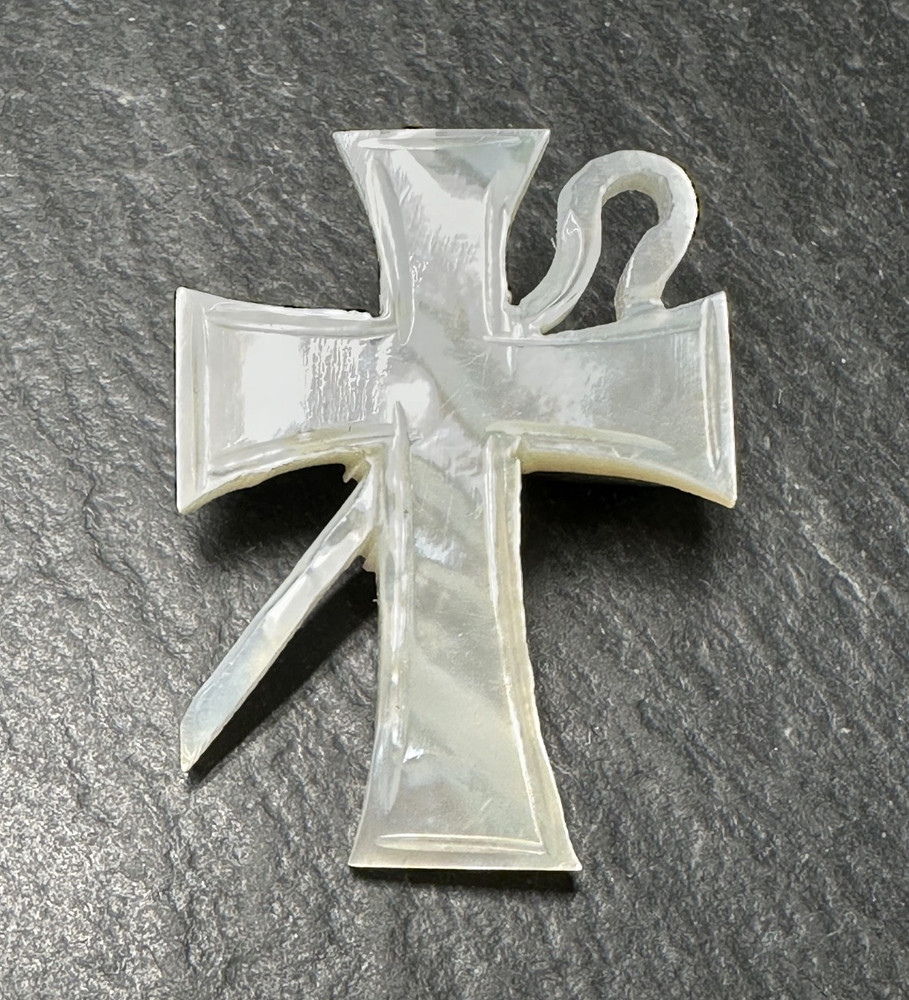 VINTAGE MOTHER OF PEARL CHRISTIAN CROSS & STAFF BROOCH N248